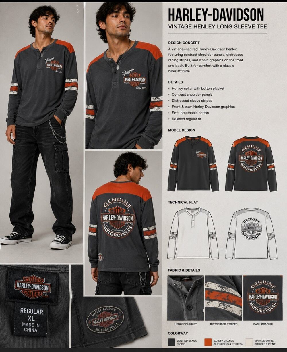 VTG Harley Davidson Henley Shirt Size XL Gray & Orange Distressed Long Sleeve